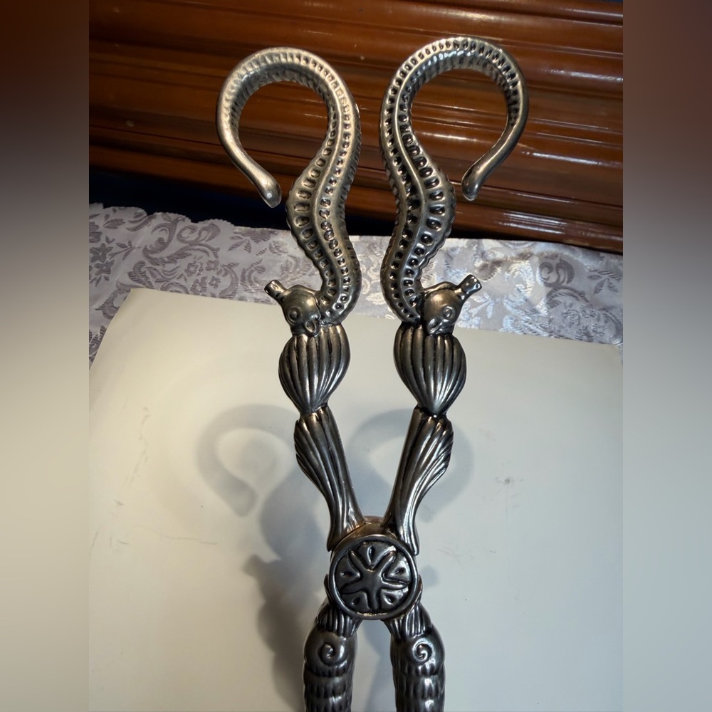vintage Godinger Sea Treasures silver plated serving tongs, seahorse handle